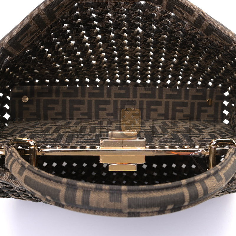 FENDI FABRIC JACQUARD FF 1974 WOVEN KNOTTED MEDIUM PEEKABOO ICONIC SATCHEL TOBACCO MORO (34*25*13cm) 